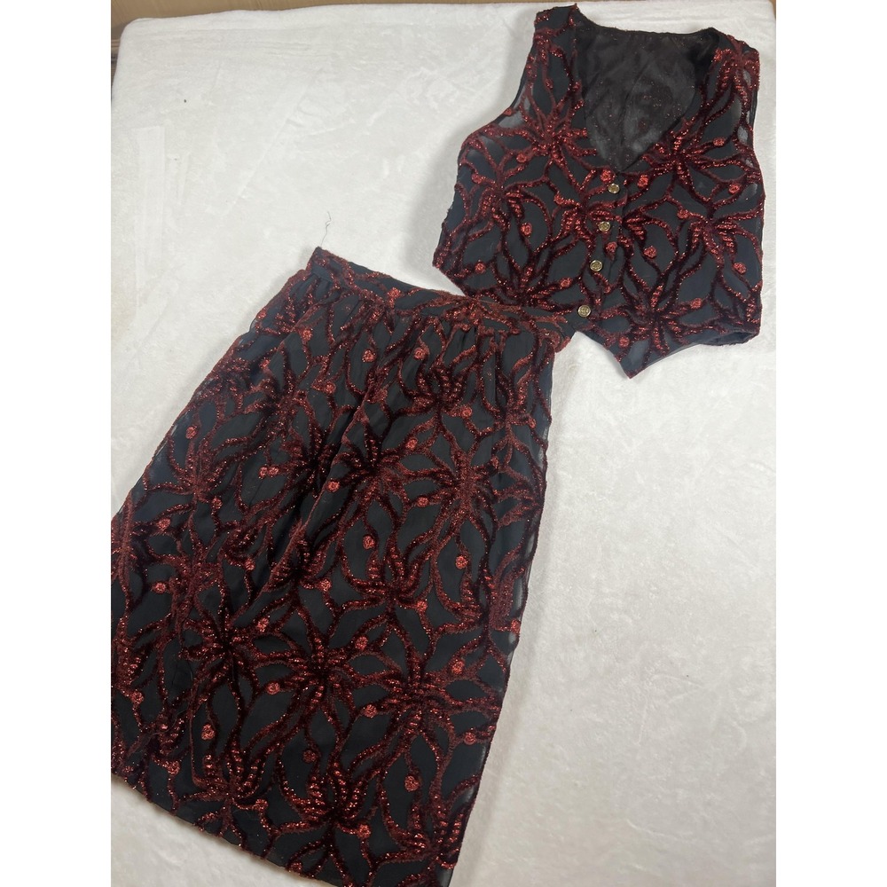 Velvet Formal 2 Piece Set Womens Small Red Glitter Vest Skirt Party Outfit